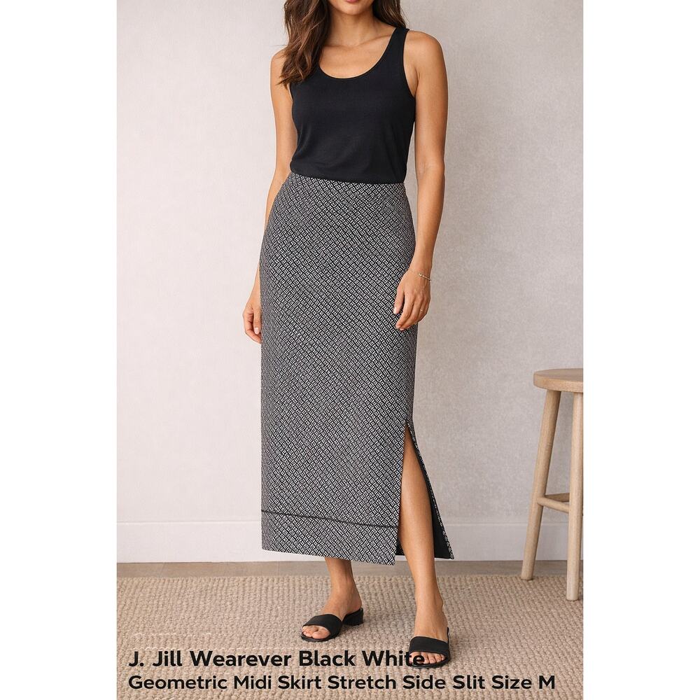 J. Jill Wearever Black White Geometric Midi Skirt Stretch Side‎ Slit Med Comfort